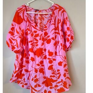 Talbots Women's Pink Orange Floral Boho Top Size L Bright Colorful Casual